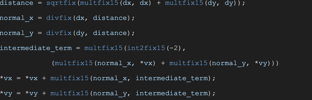 Excerpt from code modeling ball-peg collision.