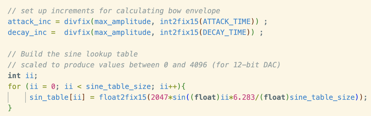 Set up increment for bow envelope and sine loopup table