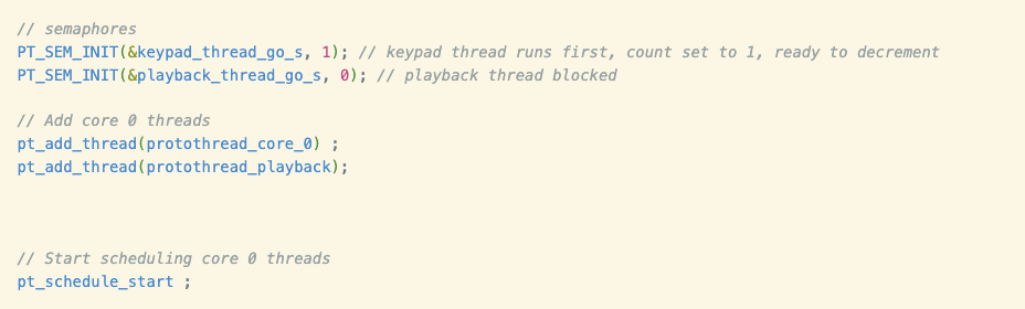 Semaphore initialize, add threads to scheduler, start scheduler